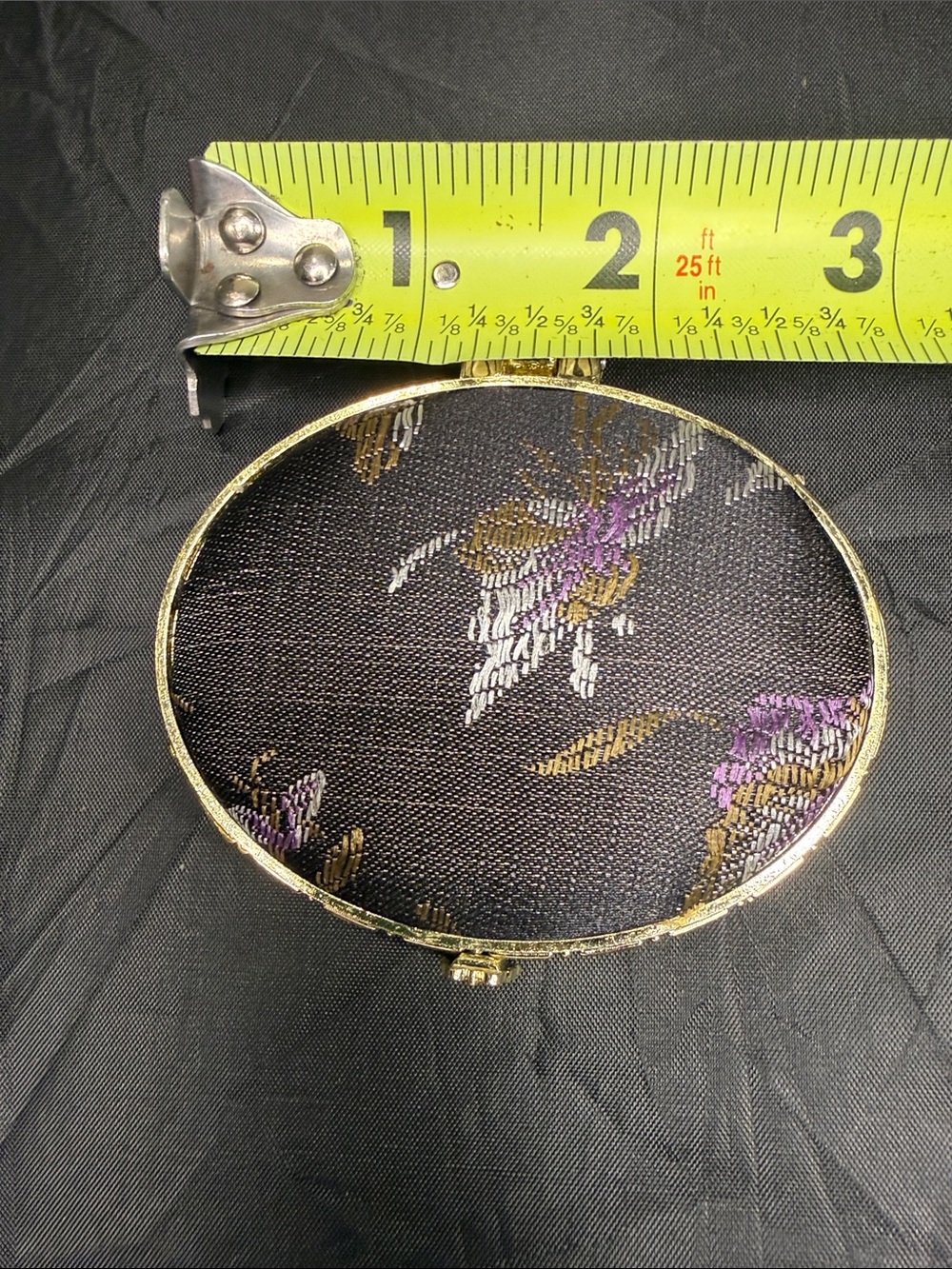 Black Floral Embroidered Round Cosmetic Case with Gold Trim